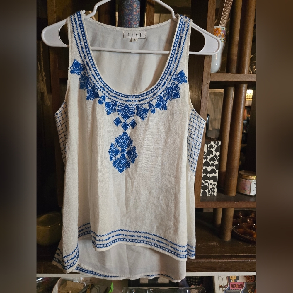 THML Anthropologie Tank Top with Blue Embroidery